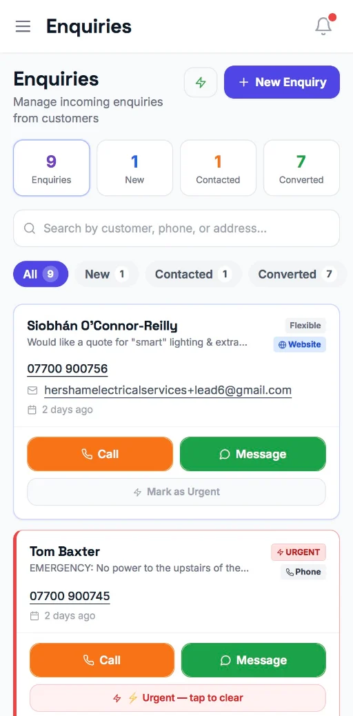 Incoming enquiries on the YourTradeQuotes app, with Call and Message on each one
