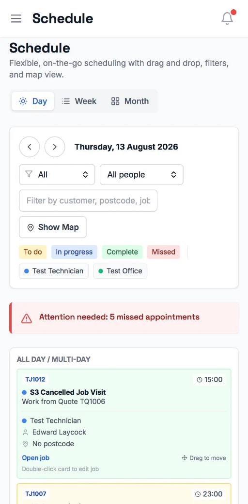 The day's schedule on the YourTradeQuotes app, with job visits on a timeline